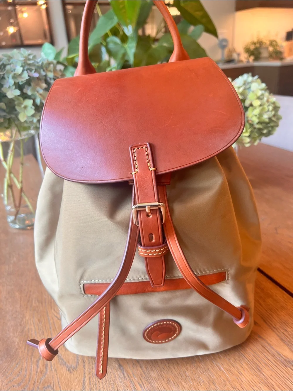 Dooney & Bourke Tan Olive Nylon and Brown Leather top  Old Money Style Backpack